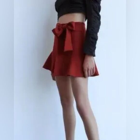 Zara red high waisted bow trim skirt skort size XS - Picture 2 of 9